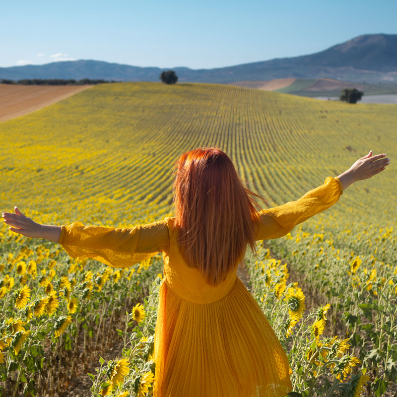 Femme avec robe jaune dans un champ de tournesols. Sentiment de liberté et de bien-être. Image symbolisant Pumps, votre espace coaching Rouen : pour s'élever et devenir la personne que vous êtes vraiment